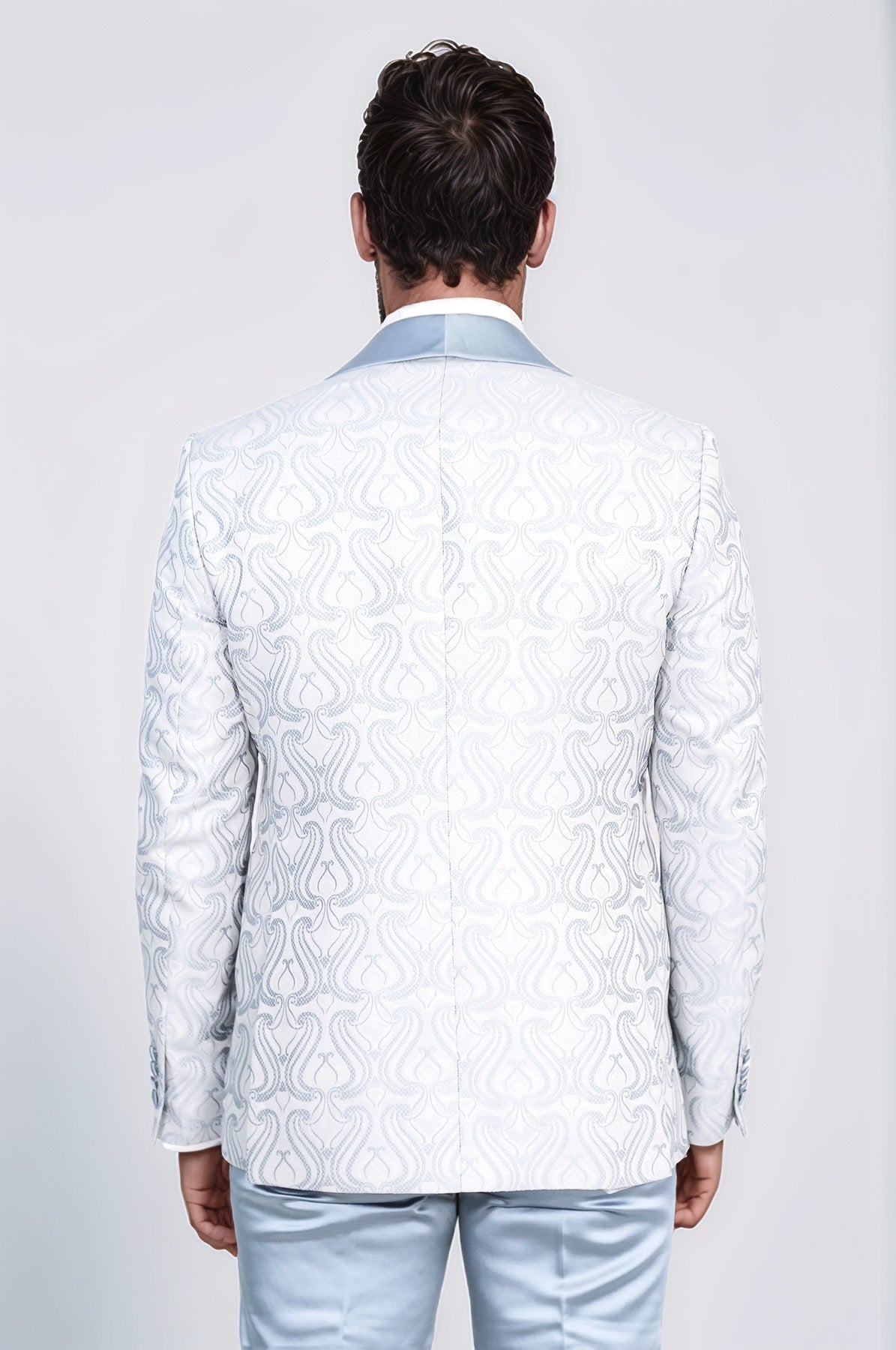 Wavy Patterned Shawl Collar Vested Ice Blue Tuxedo - Wessi