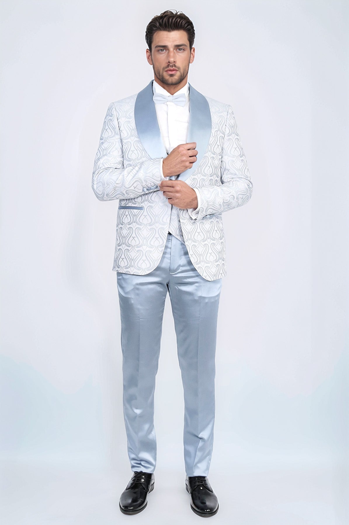 Wavy Patterned Shawl Collar Vested Ice Blue Tuxedo - Wessi