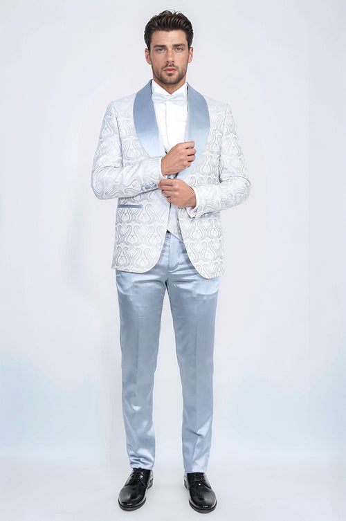 Wavy Patterned Shawl Collar Vested Ice Blue Tuxedo - Wessi
