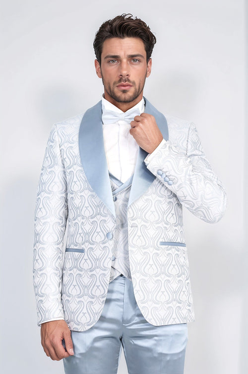 Wavy Patterned Shawl Collar Vested Ice Blue Tuxedo - Wessi