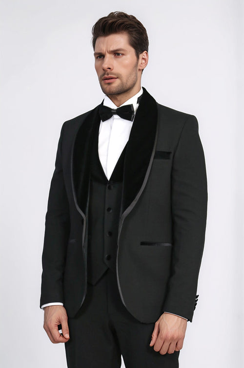 Classic Velvet Collar Black Tuxedo Suit - Wessi