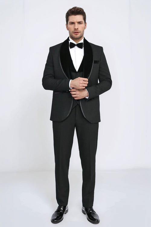 Classic Velvet Collar Black Tuxedo Suit - Wessi