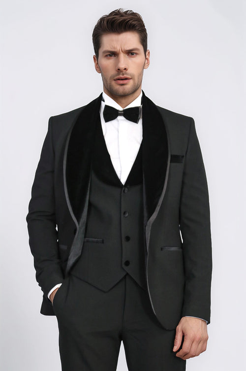 Classic Velvet Collar Black Tuxedo Suit - Wessi
