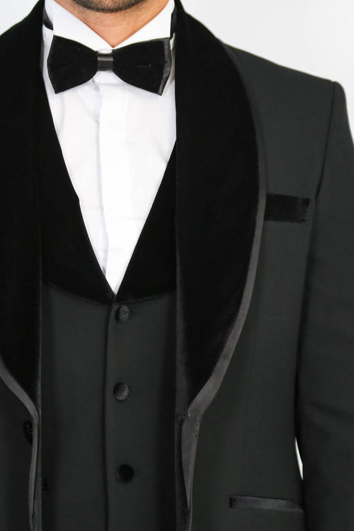 Classic Velvet Collar Black Tuxedo Suit - Wessi