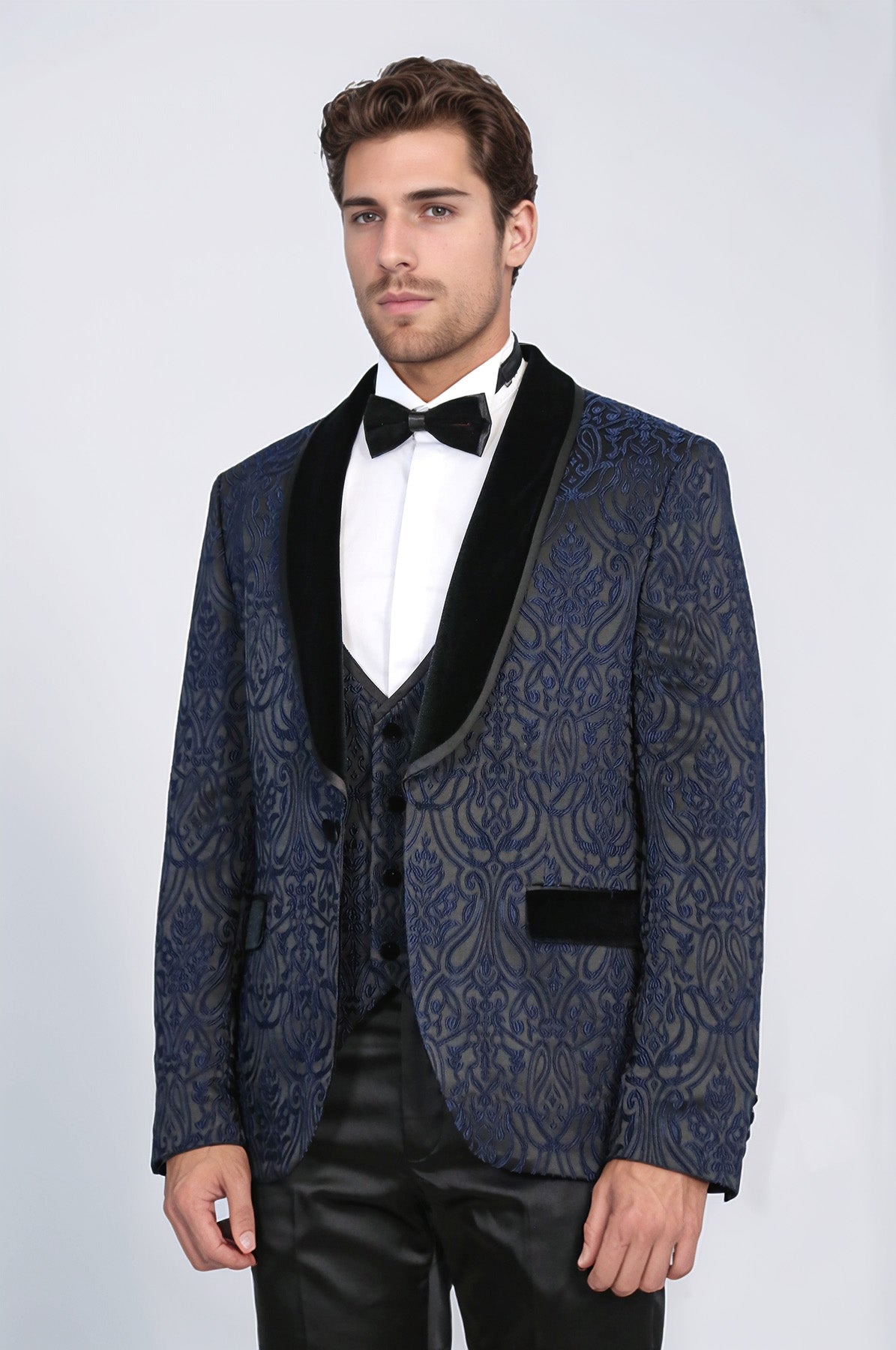 Baroque Patterned Velvet Shawl Collar Vested Navy Blue Tuxedo - Wessi