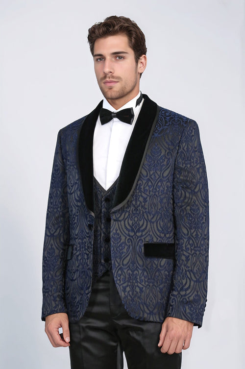 Baroque Patterned Velvet Shawl Collar Vested Navy Blue Tuxedo - Wessi