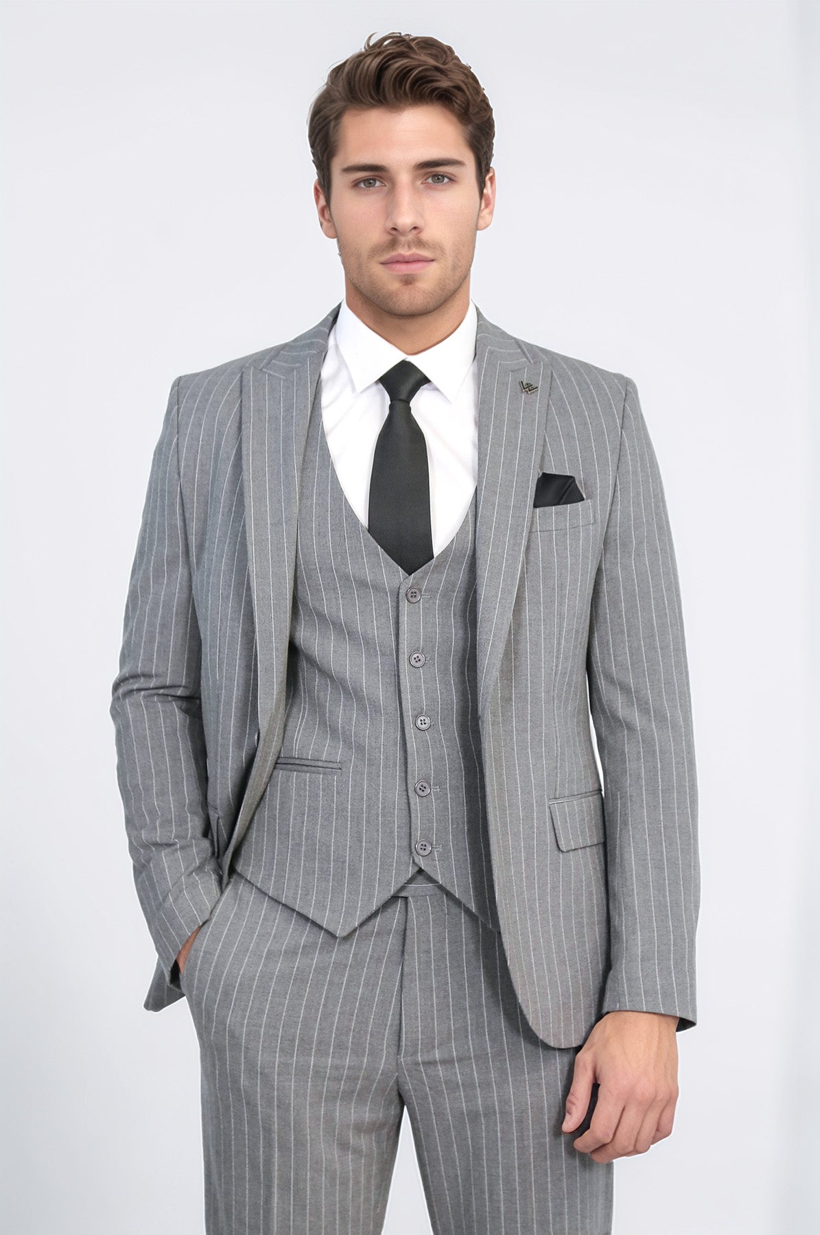 Striped Single Button with Vested Gray Men’s Suit - Wessi