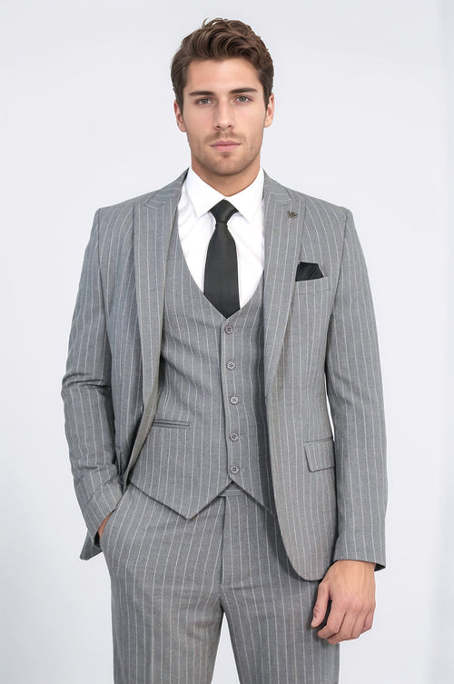 Striped Single Button with Vested Gray Men’s Suit - Wessi