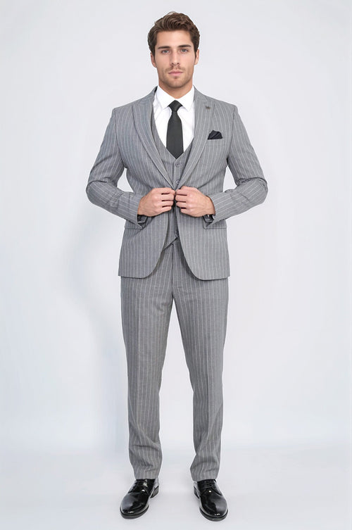 Striped Single Button with Vested Gray Men’s Suit - Wessi