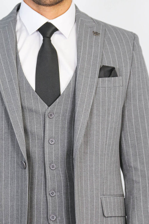 Striped Single Button with Vested Gray Men’s Suit - Wessi