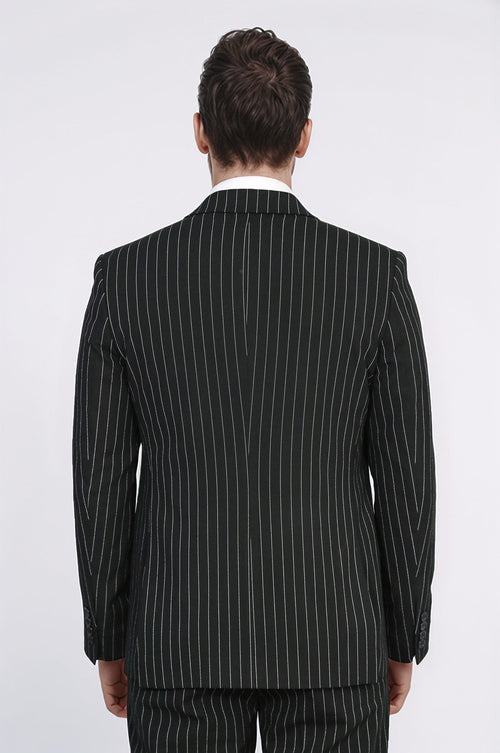 Striped Single Button with Vested Black Mens Suit - Wessi