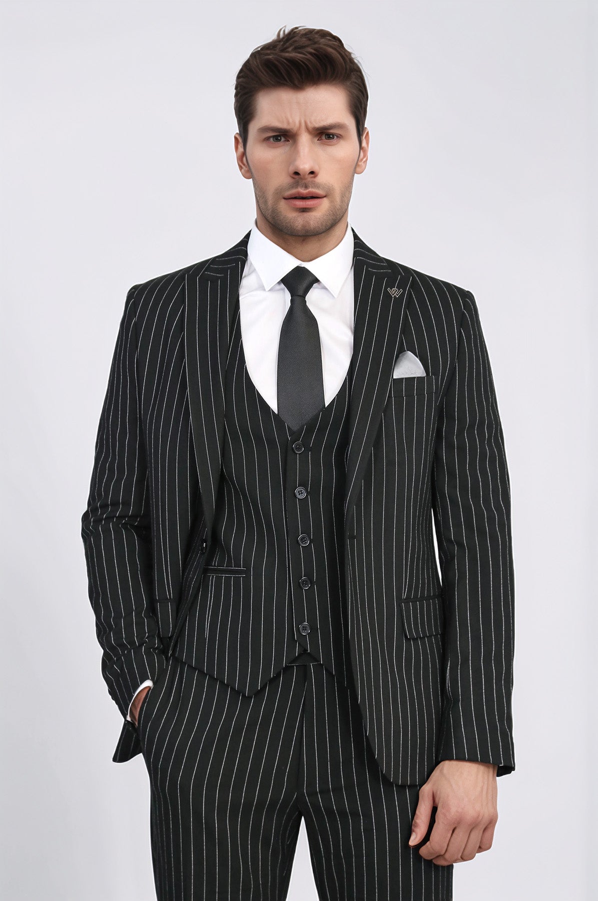 Striped Single Button with Vested Black Mens Suit - Wessi