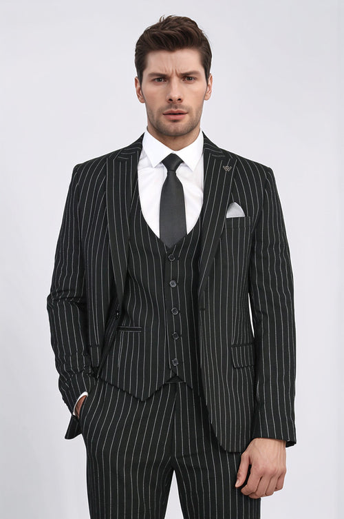 Striped Single Button with Vested Black Mens Suit - Wessi