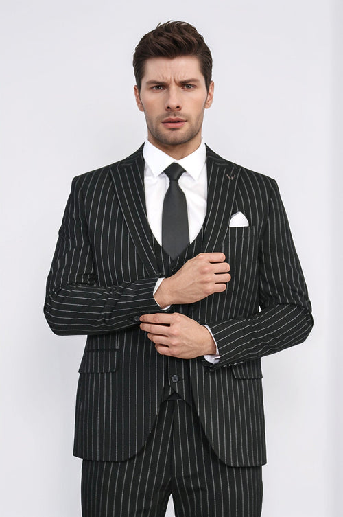 Striped Single Button with Vested Black Mens Suit - Wessi