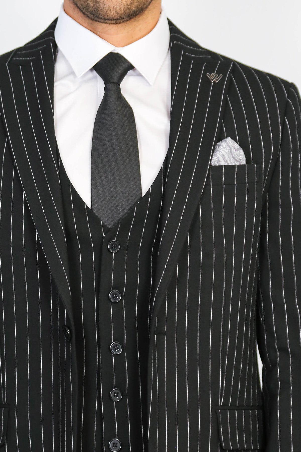 Striped Single Button with Vested Black Mens Suit - Wessi
