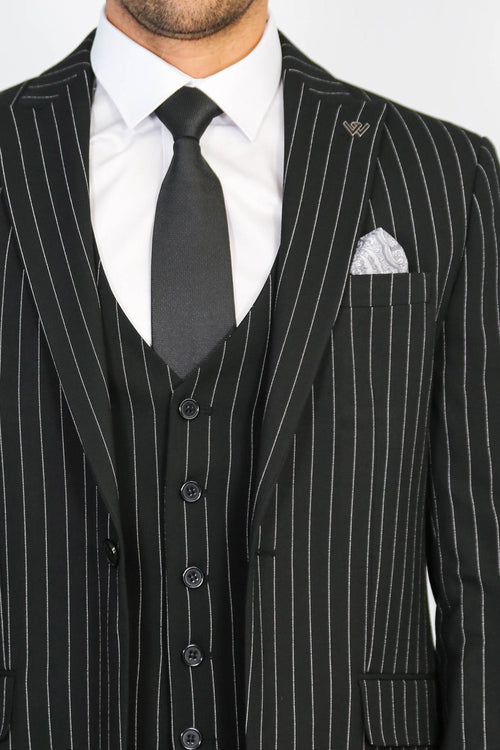 Striped Single Button with Vested Black Mens Suit - Wessi