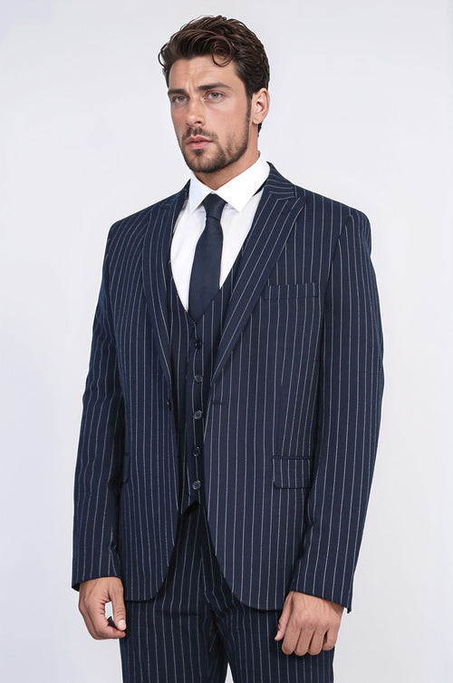 Striped Single Button with Vested Navy Blue Men’s Suit - Wessi