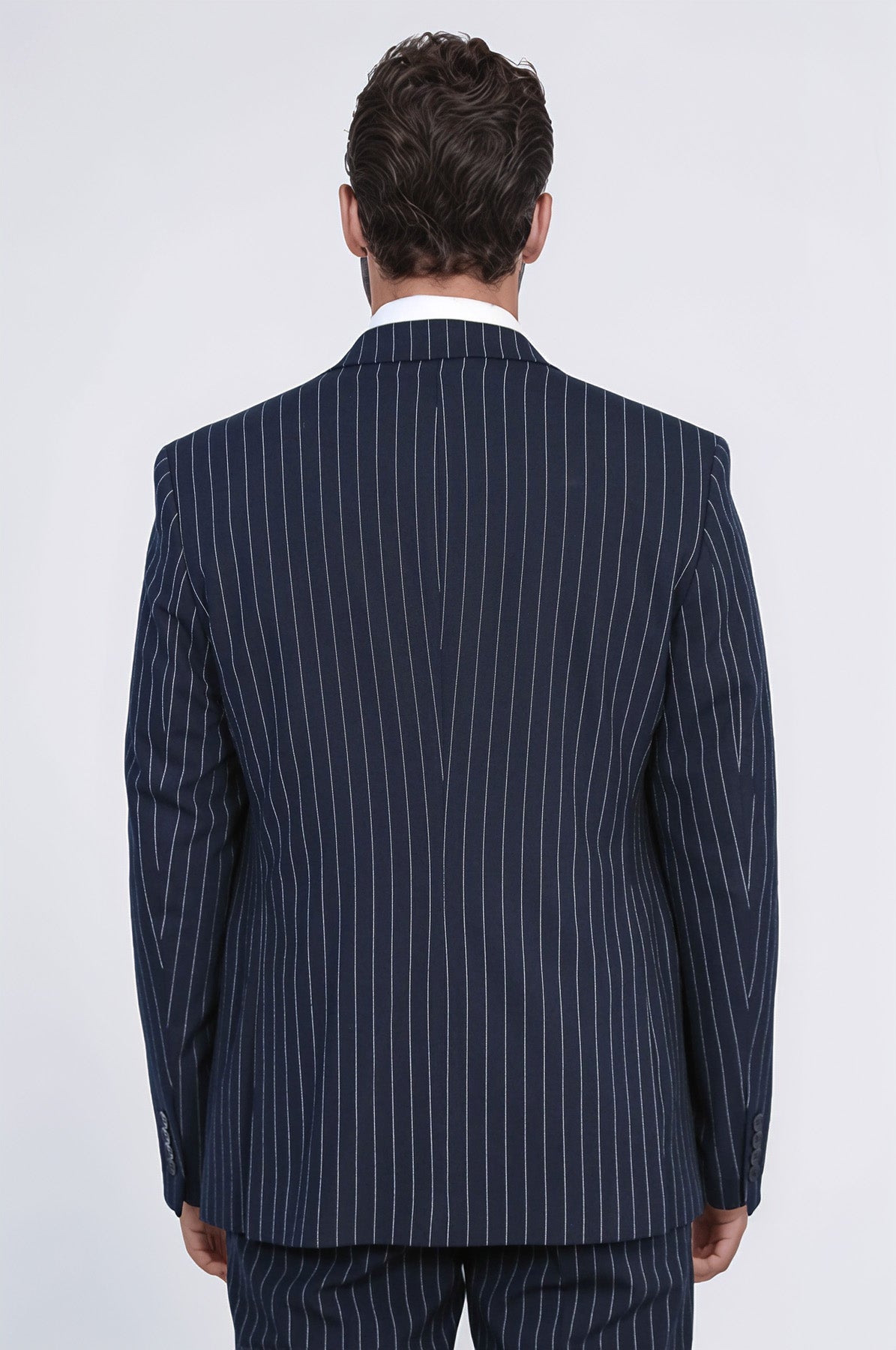 Striped Single Button with Vested Navy Blue Men’s Suit - Wessi