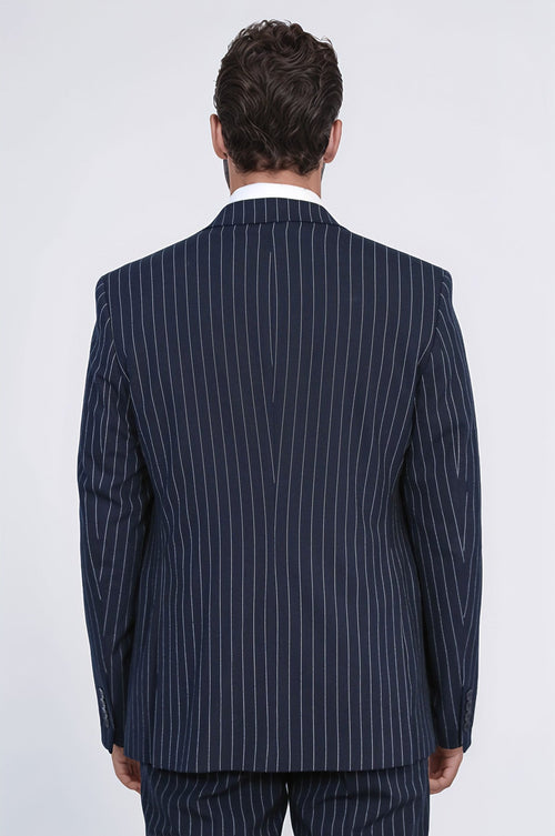 Striped Single Button with Vested Navy Blue Men’s Suit - Wessi