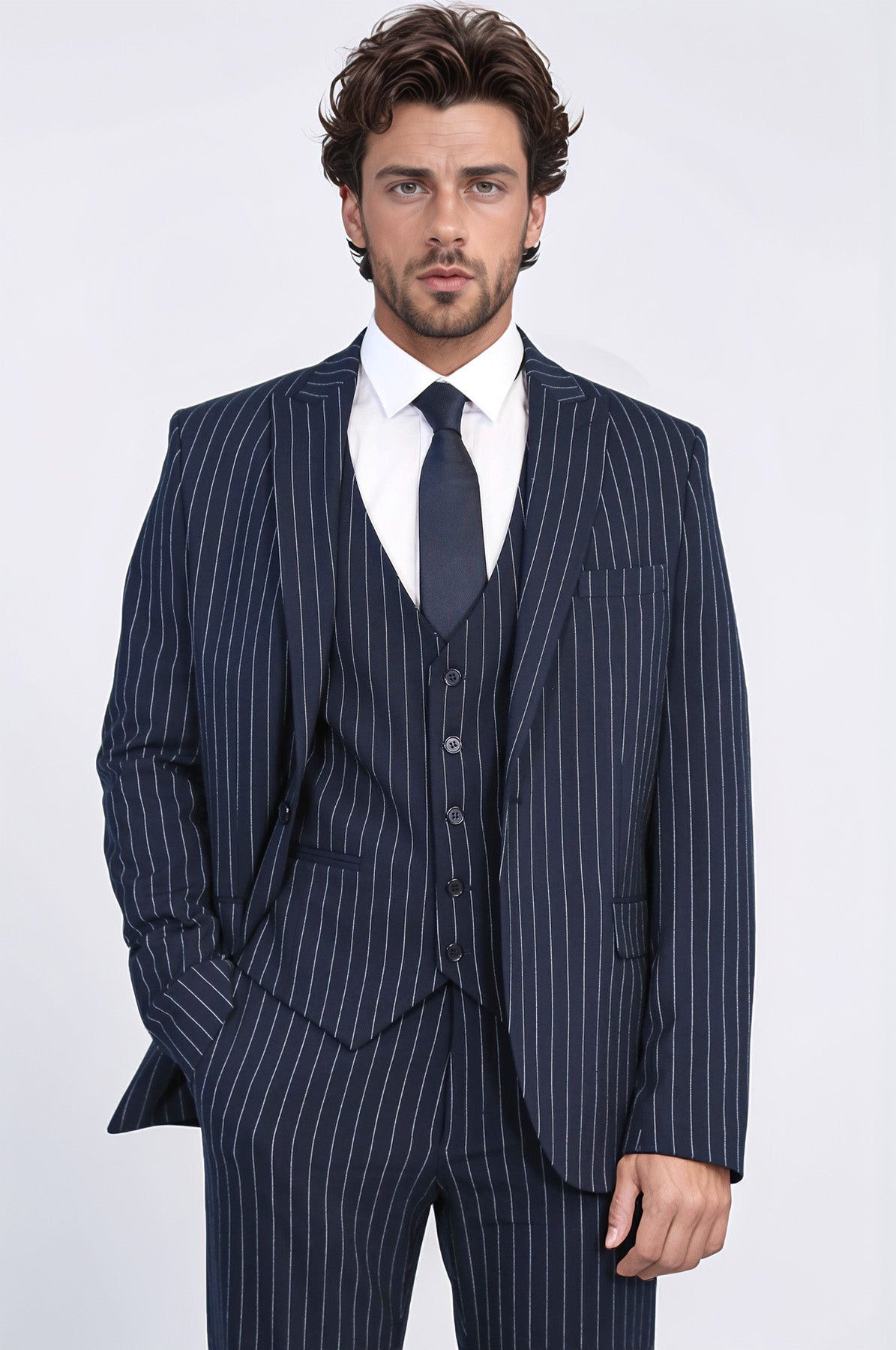 Striped Single Button with Vested Navy Blue Men’s Suit - Wessi
