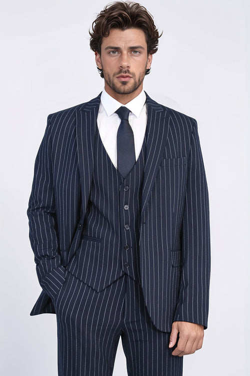 Striped Single Button with Vested Navy Blue Men’s Suit - Wessi
