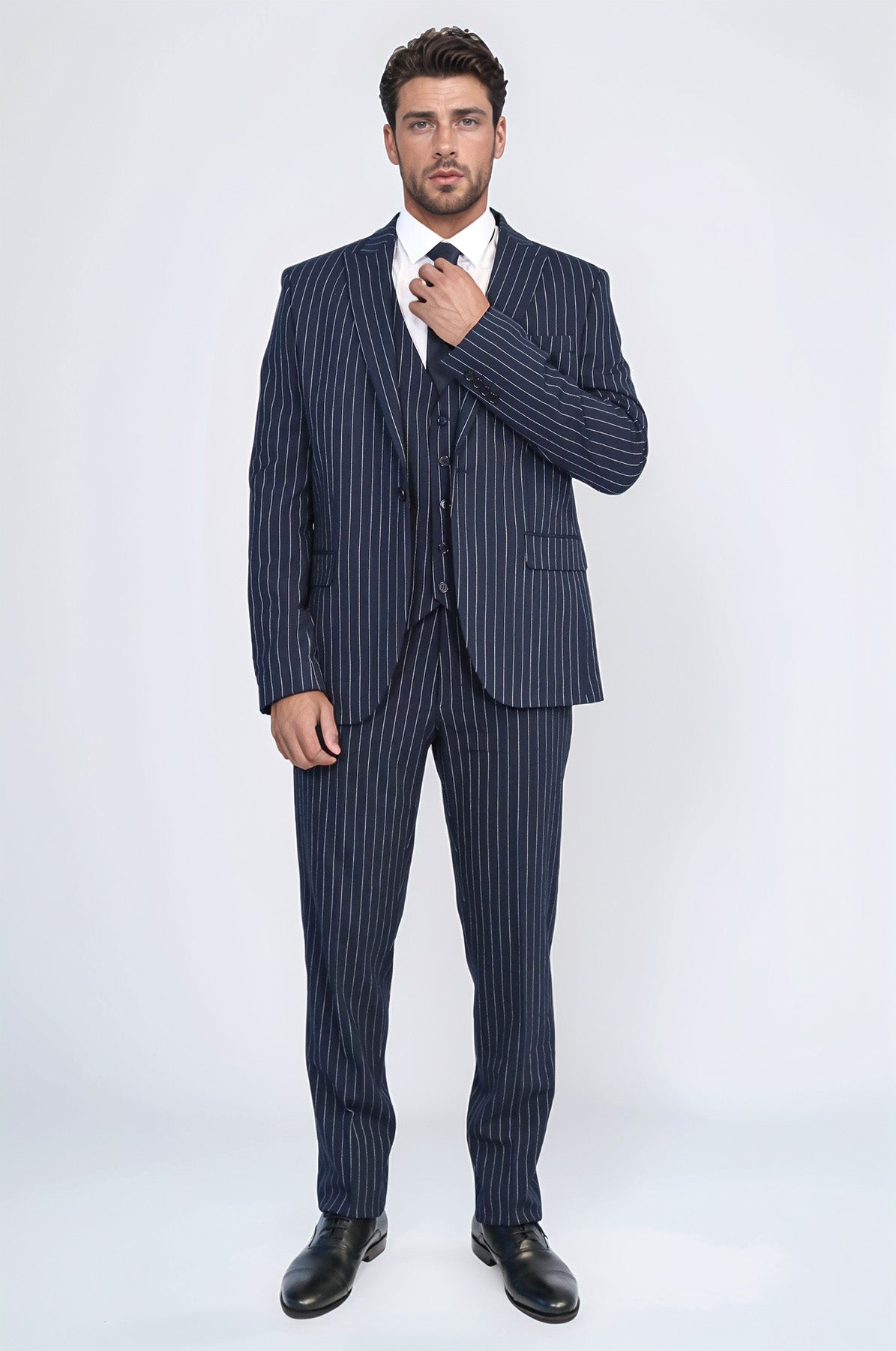 Striped Single Button with Vested Navy Blue Men’s Suit - Wessi