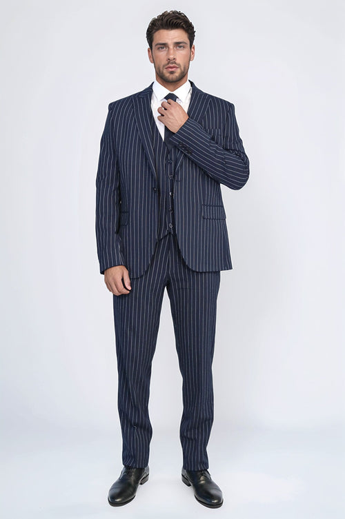 Striped Single Button with Vested Navy Blue Men’s Suit - Wessi