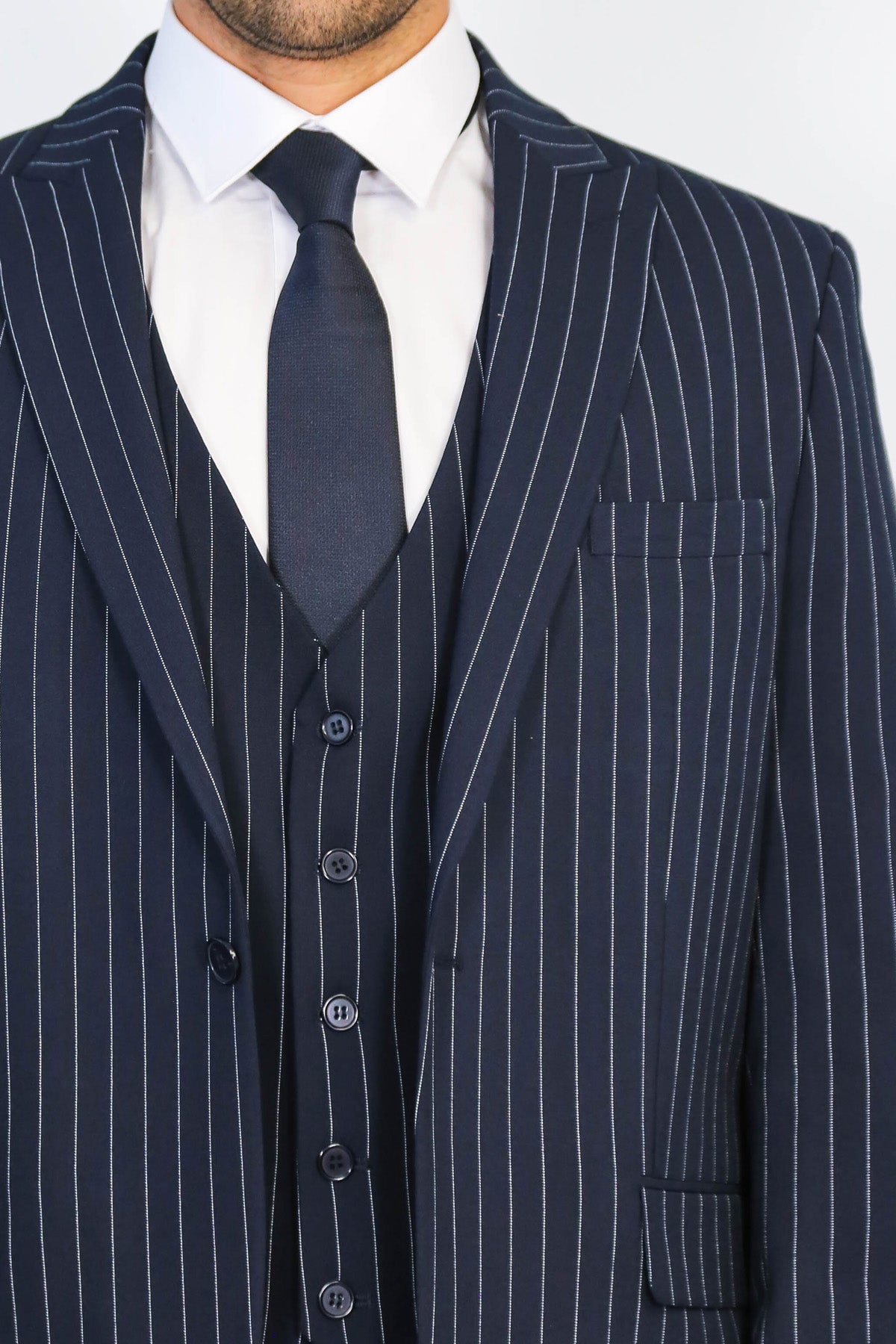 Striped Single Button with Vested Navy Blue Men’s Suit - Wessi