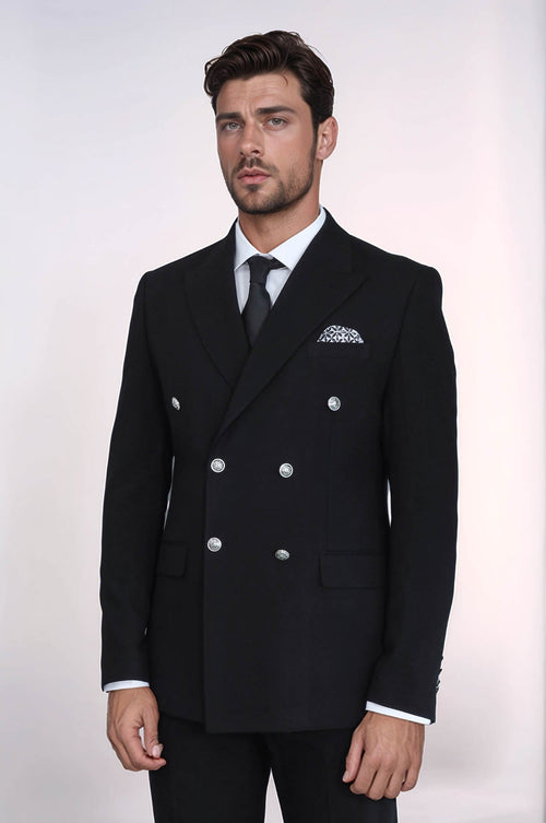 Slim Fit Double-Breasted Black Men’s Suit with Silver-Tone Metal Buttons – Wessi