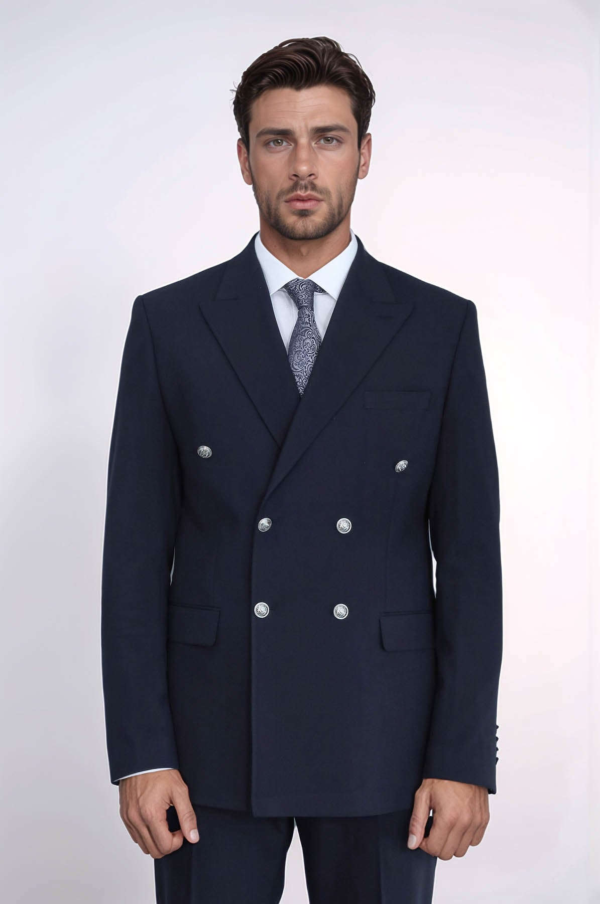 Slim Fit Double-Breasted Navy Men’s Suit with Silver-Tone Metal Buttons – Wessi