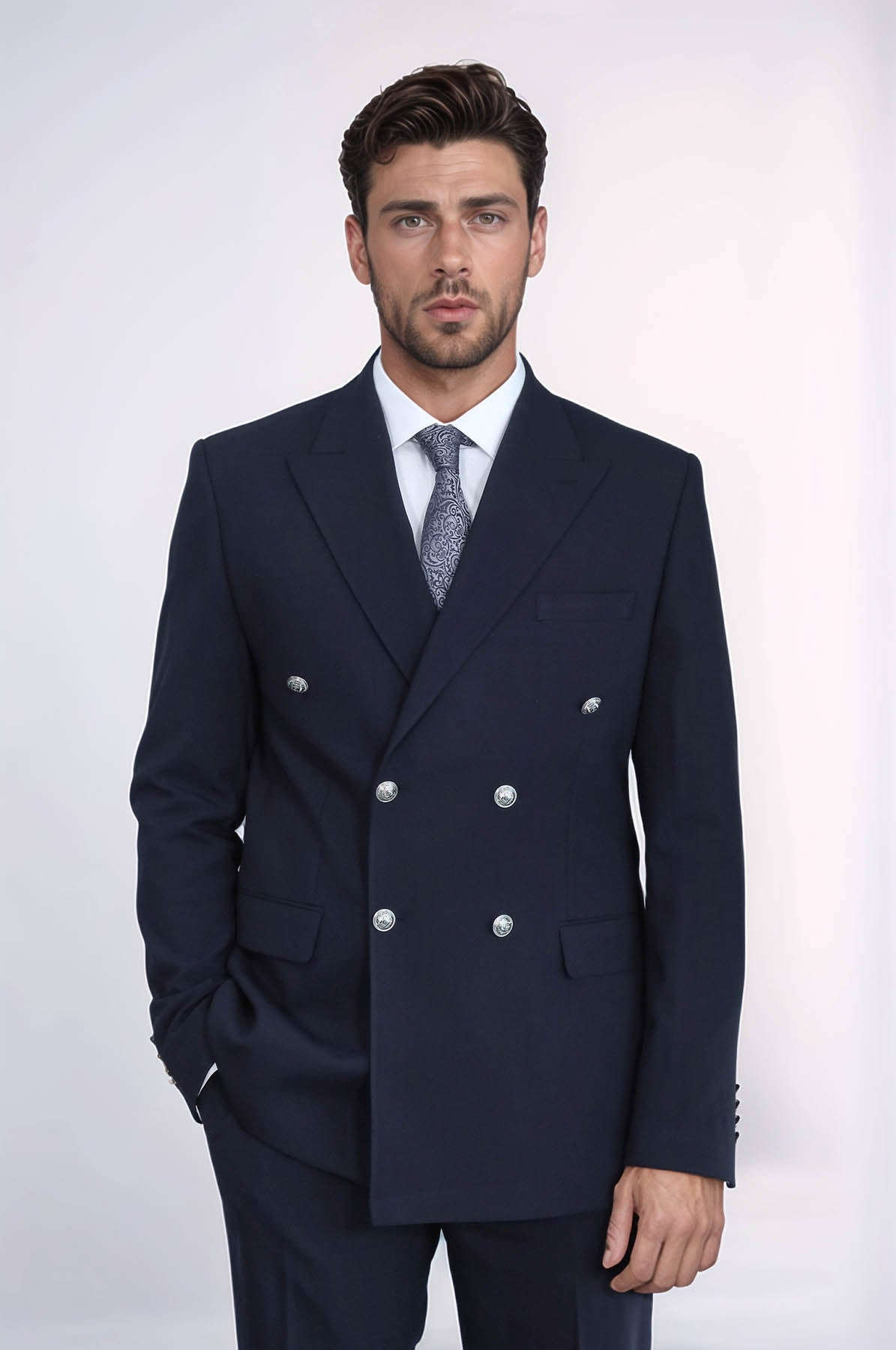 Slim Fit Double-Breasted Navy Men’s Suit with Silver-Tone Metal Buttons – Wessi