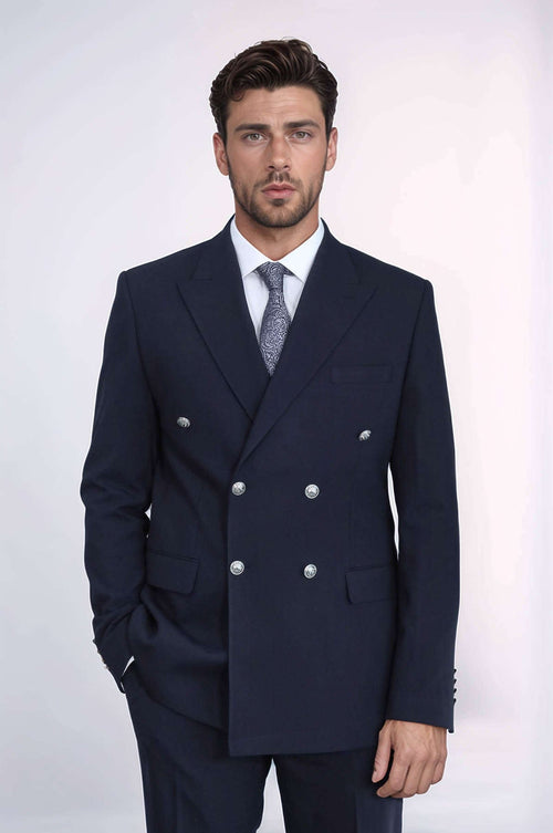 Slim Fit Double-Breasted Navy Men’s Suit with Silver-Tone Metal Buttons – Wessi