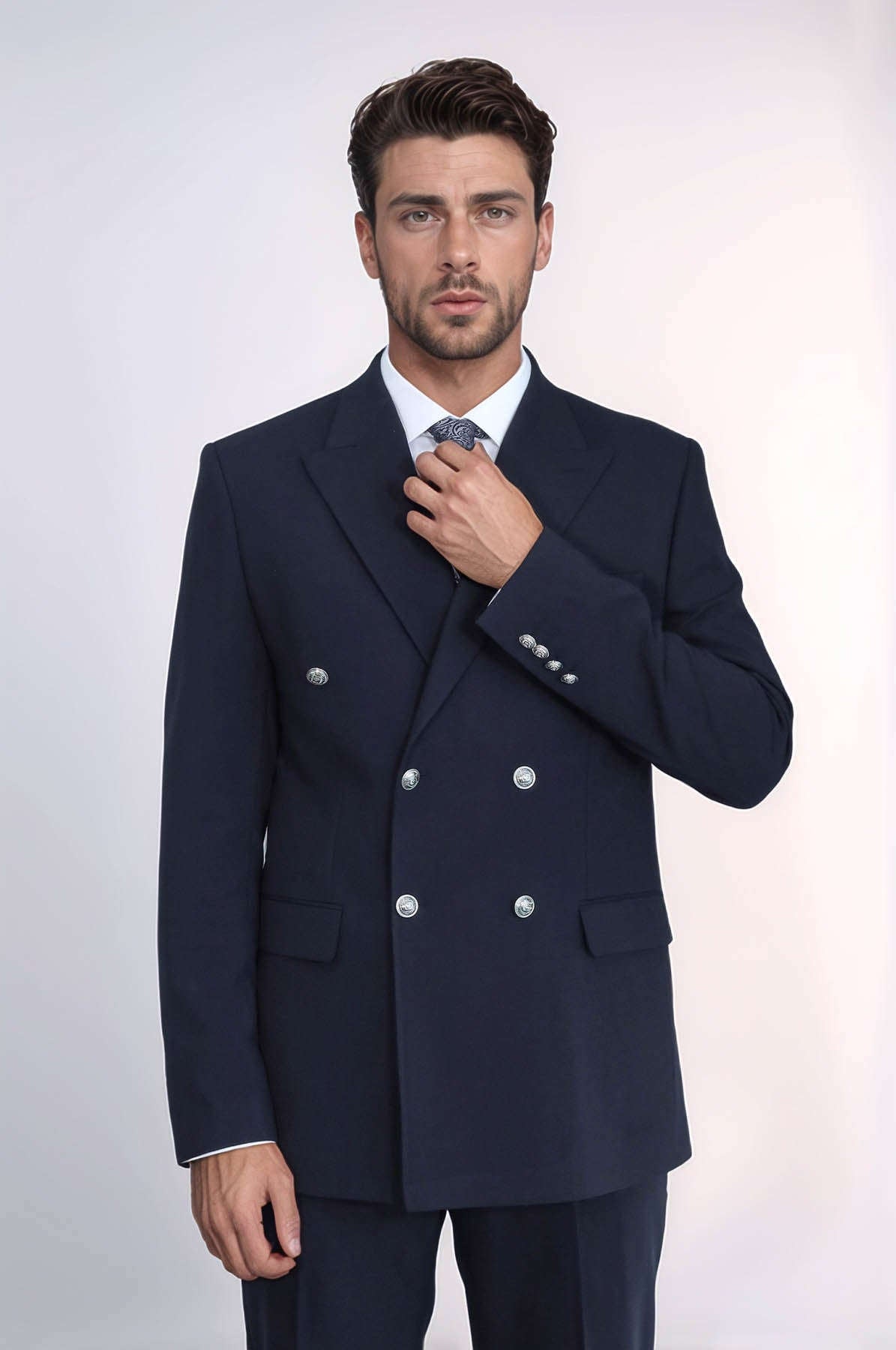 Slim Fit Double-Breasted Navy Men’s Suit with Silver-Tone Metal Buttons – Wessi