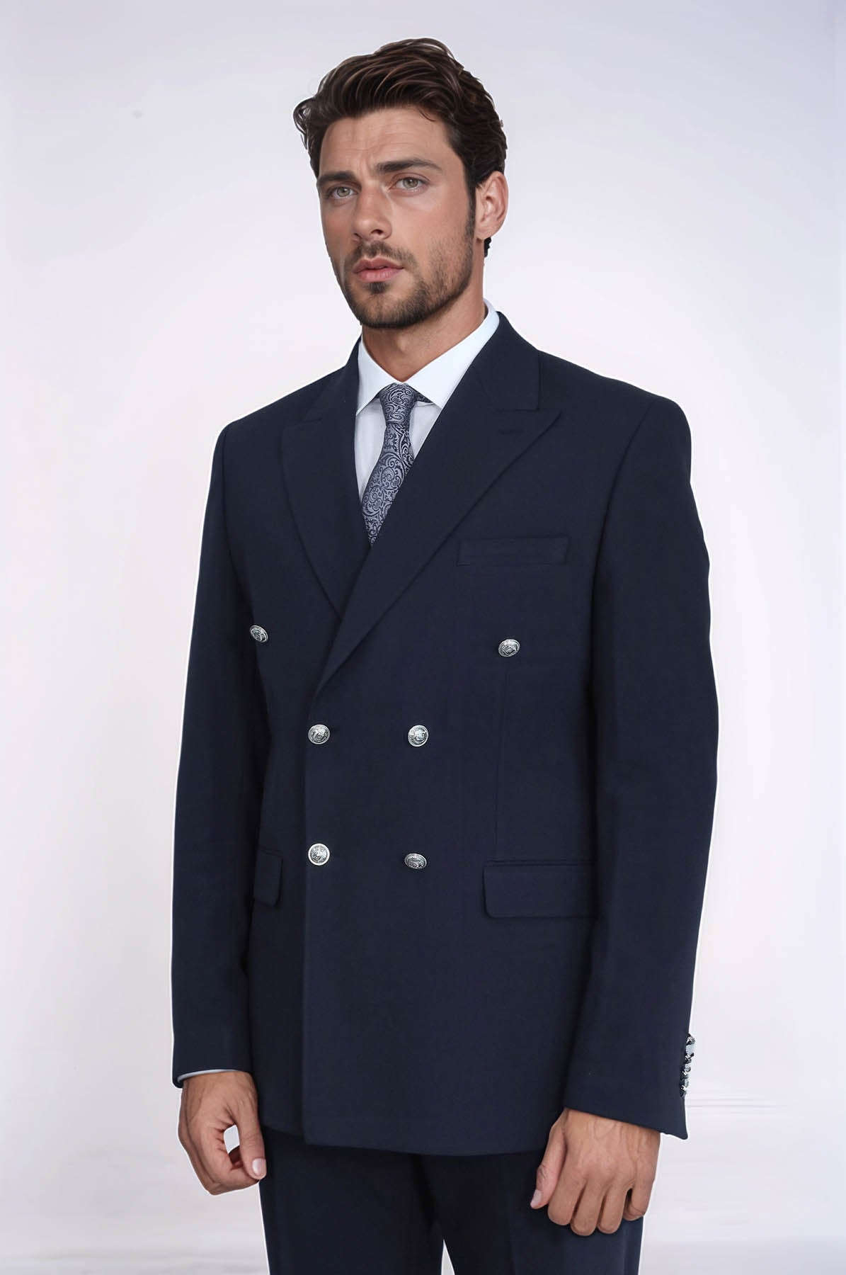 Slim Fit Double-Breasted Navy Men’s Suit with Silver-Tone Metal Buttons – Wessi