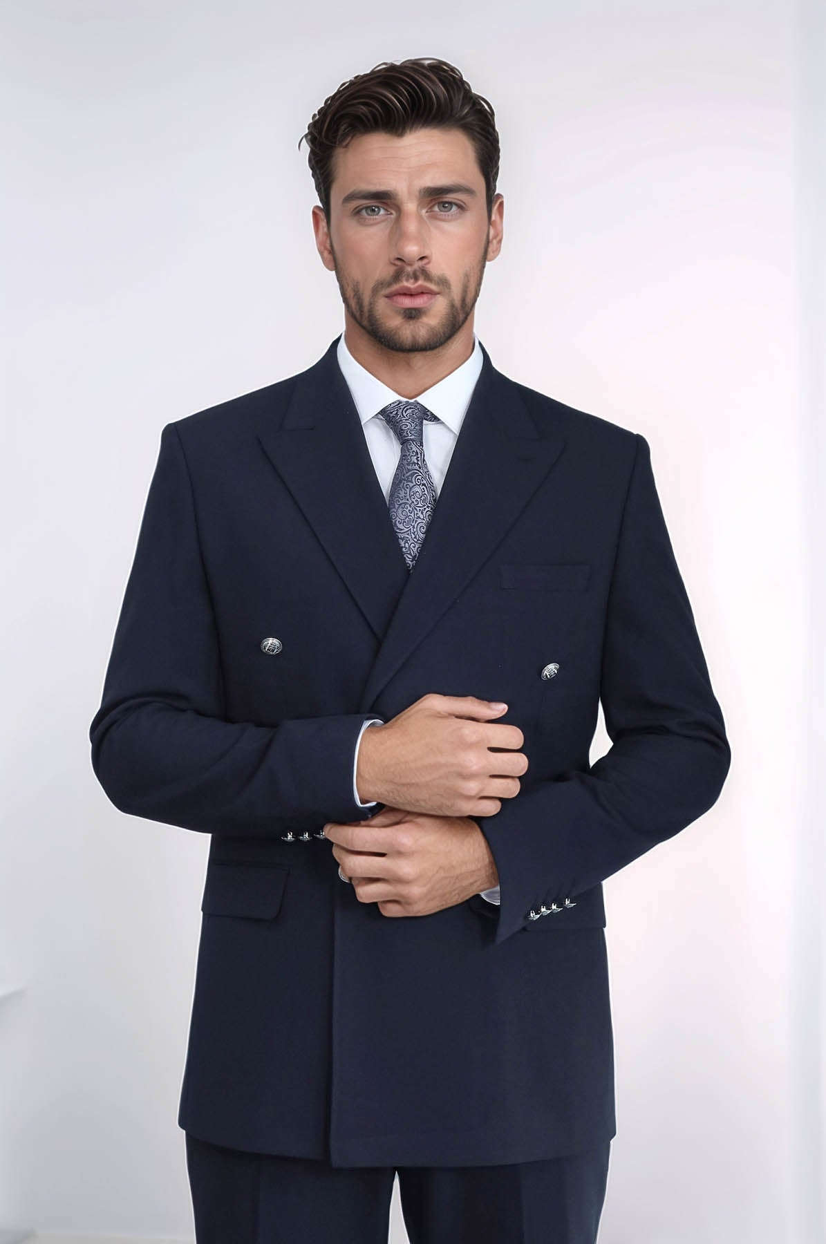 Slim Fit Double-Breasted Navy Men’s Suit with Silver-Tone Metal Buttons – Wessi
