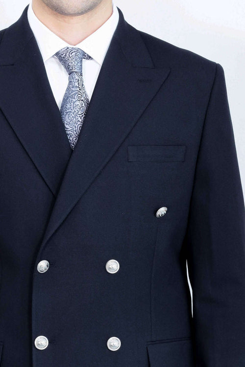 Slim Fit Double-Breasted Navy Men’s Suit with Silver-Tone Metal Buttons – Wessi