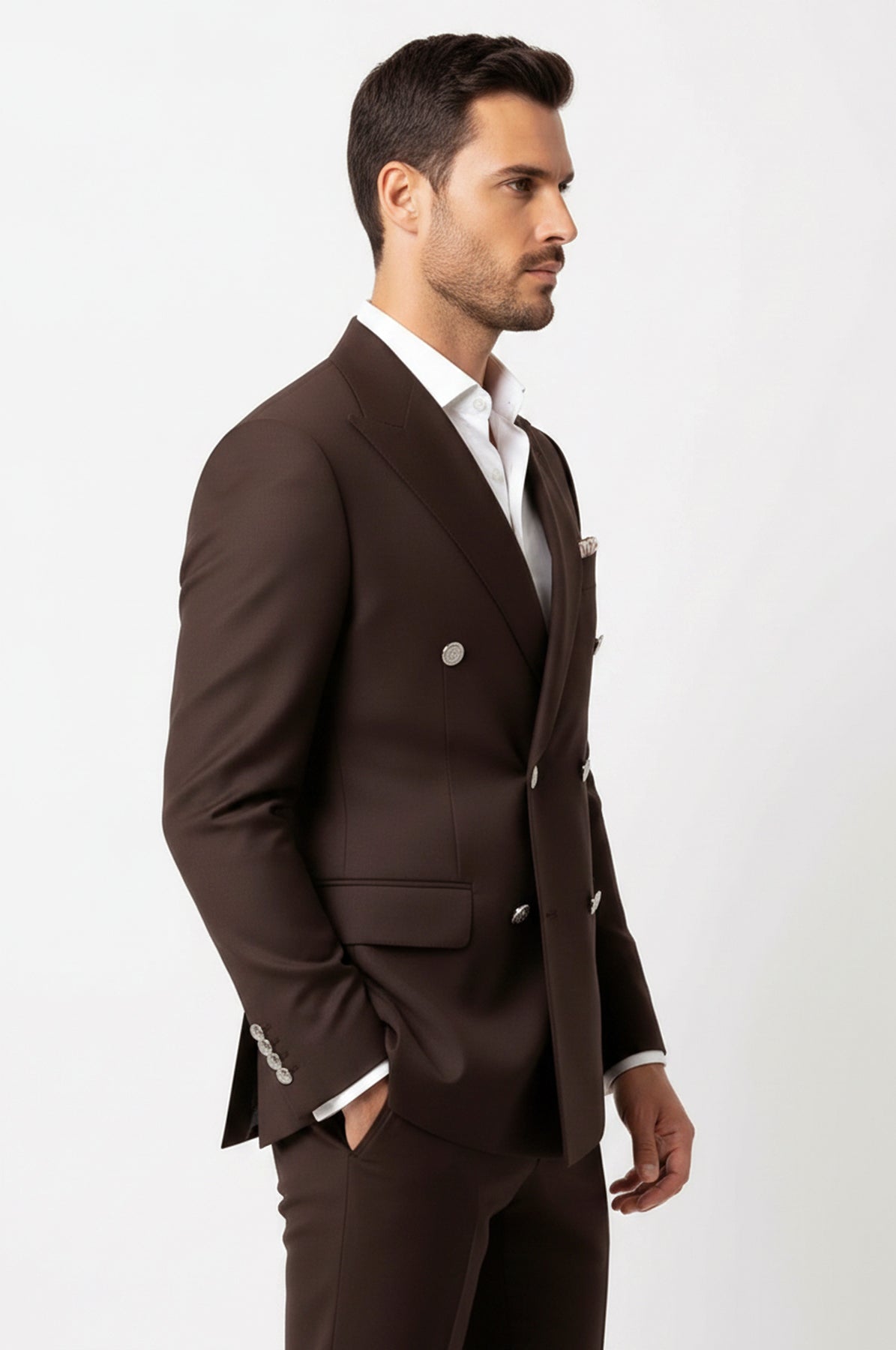 Modern Fit Double-Breasted Brown Men’s Suit with Silver-Tone Metal Buttons – Wessi