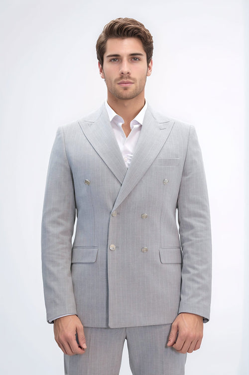 Pinstripe Double Breasted Men’s Light Grey Suit with Silver Button Details - Wessi