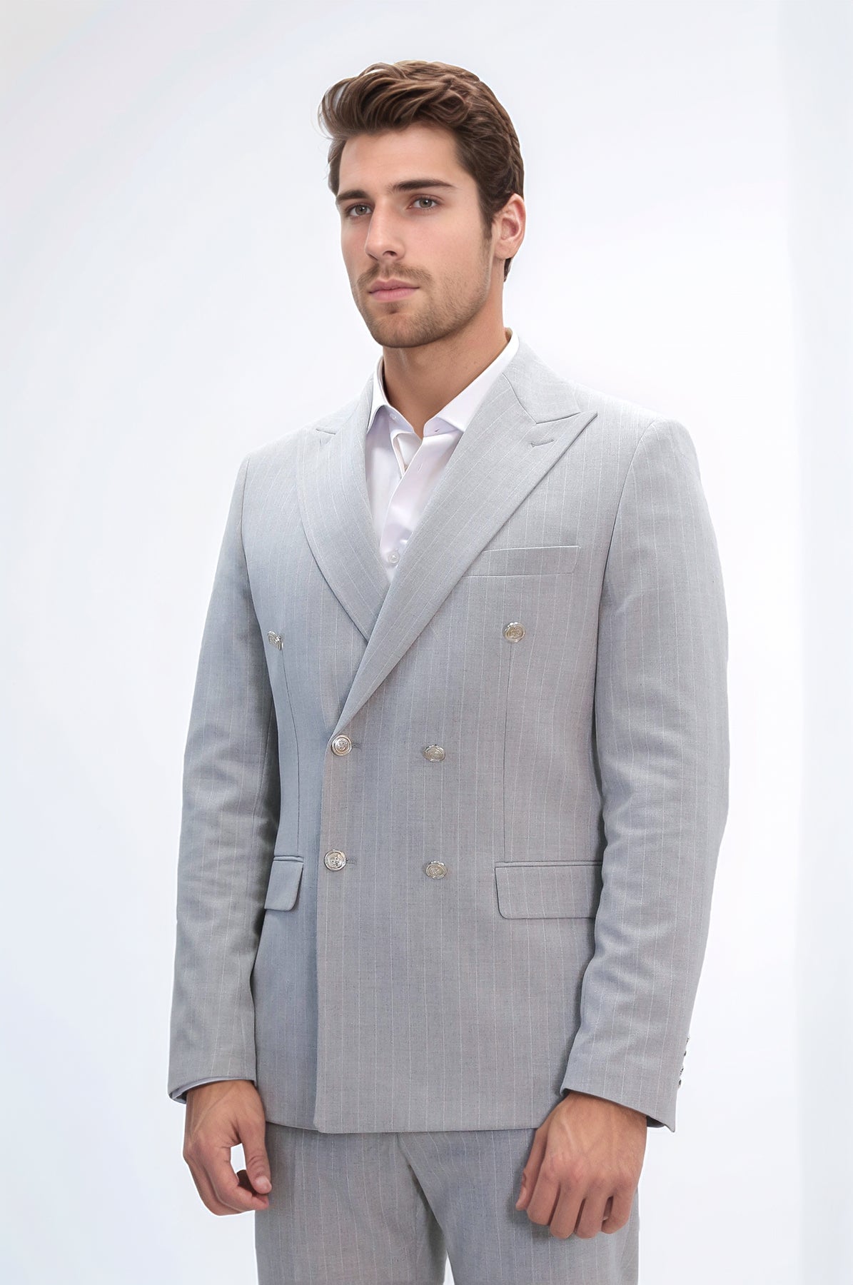 Pinstripe Double Breasted Men’s Light Grey Suit with Silver Button Details - Wessi