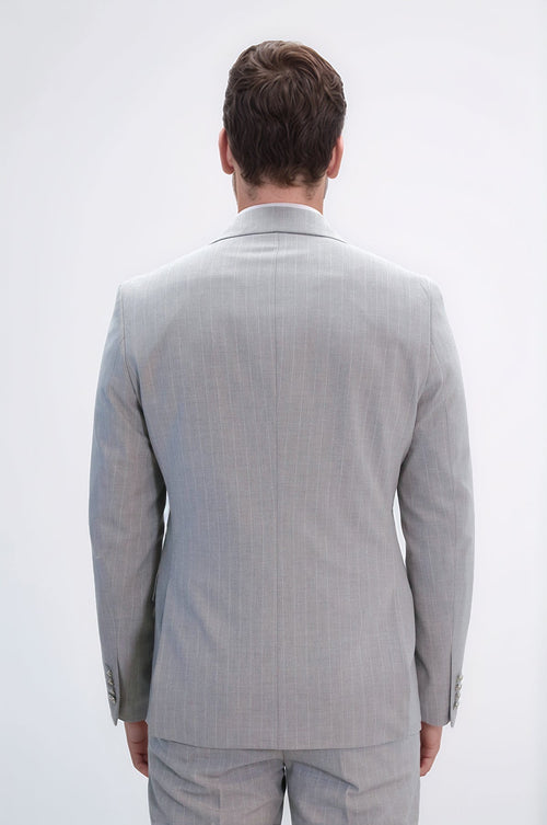 Pinstripe Double Breasted Men’s Light Grey Suit with Silver Button Details - Wessi