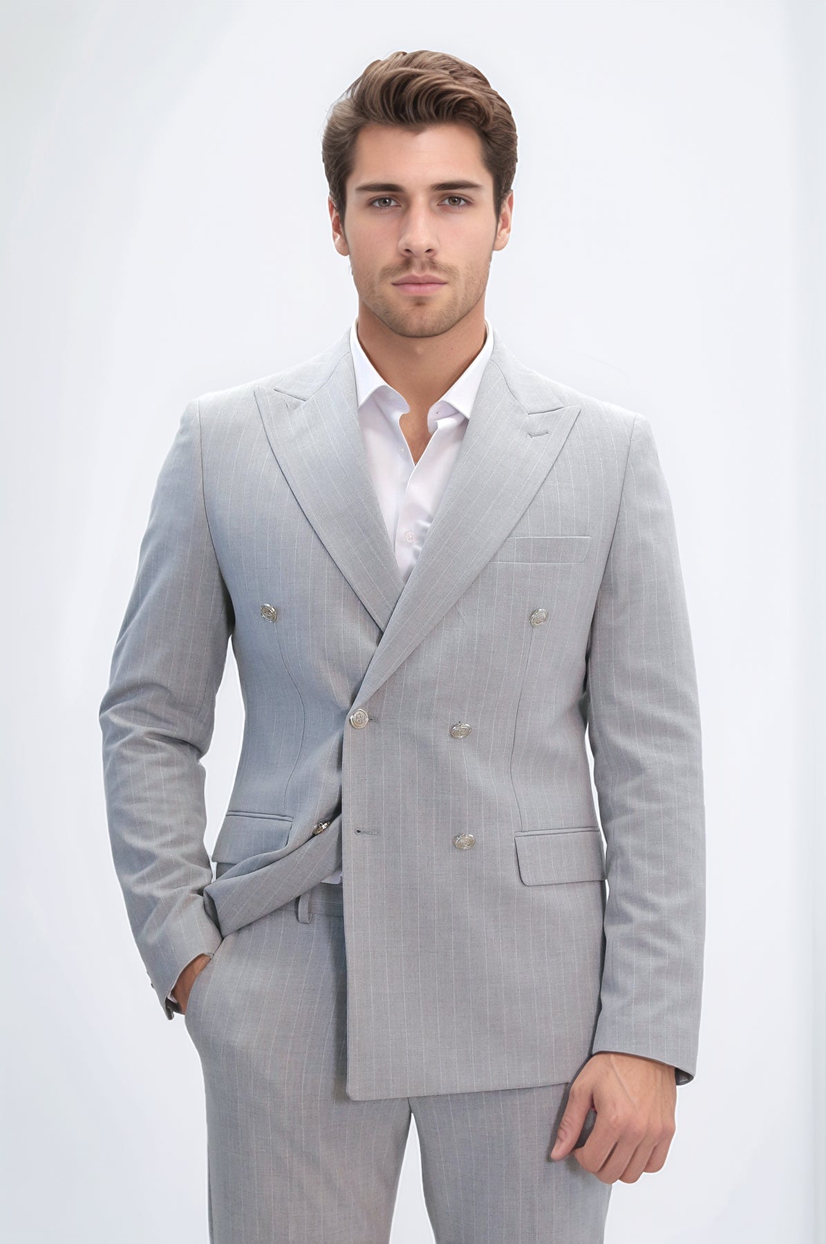 Pinstripe Double Breasted Men’s Light Grey Suit with Silver Button Details - Wessi