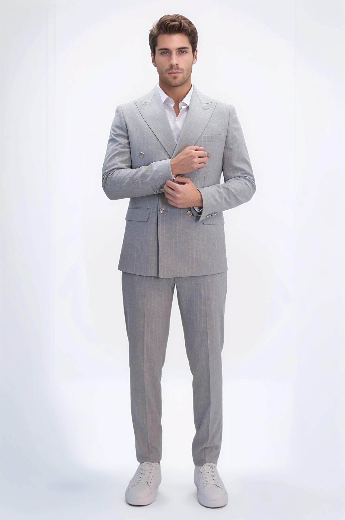 Pinstripe Double Breasted Men’s Light Grey Suit with Silver Button Details - Wessi