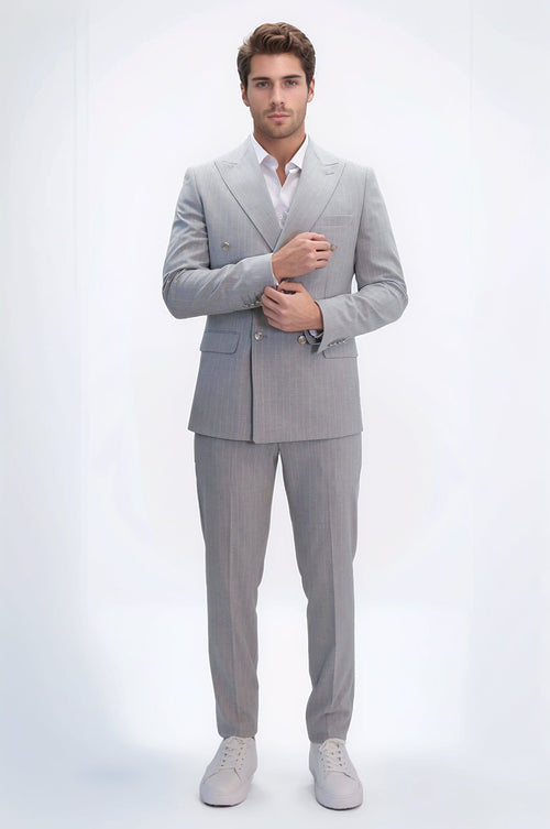Pinstripe Double Breasted Men’s Light Grey Suit with Silver Button Details - Wessi