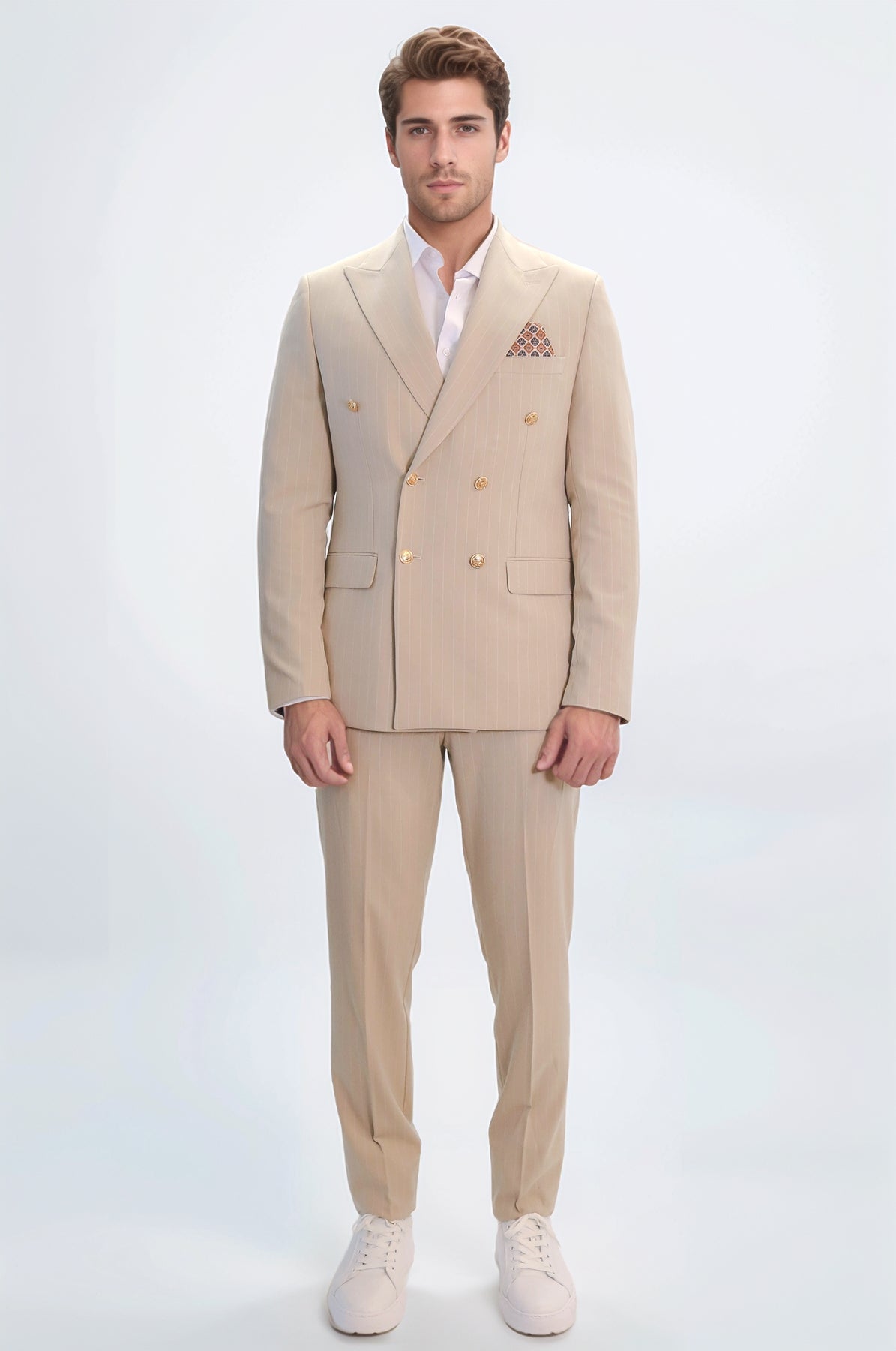 Pinstripe Double Breasted Men’s Cream Suit with Silver Button Details - Wessi