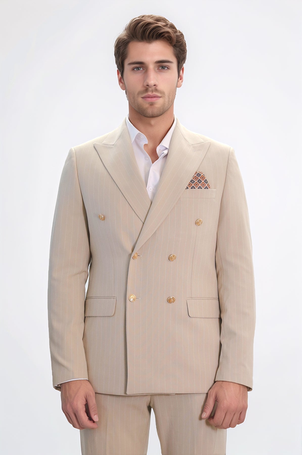 Pinstripe Double Breasted Men’s Cream Suit with Silver Button Details - Wessi