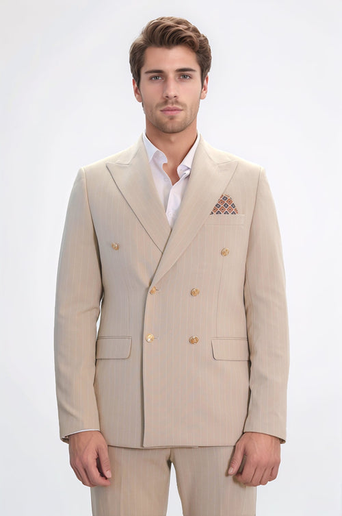 Pinstripe Double Breasted Men’s Cream Suit with Silver Button Details - Wessi