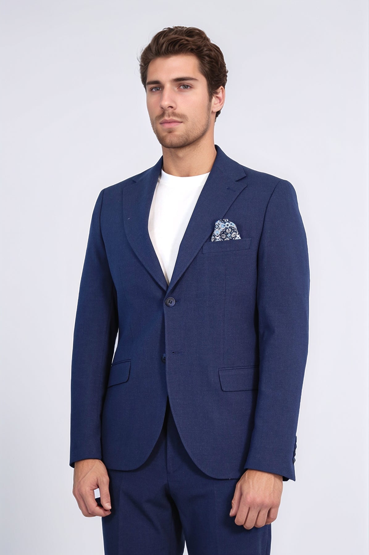 Navy Blue Slim Fit Two-Button Linen Men’s Suit - Wessi