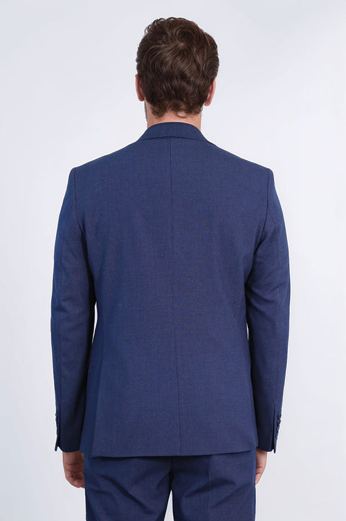 Navy Blue Slim Fit Two-Button Linen Men’s Suit - Wessi