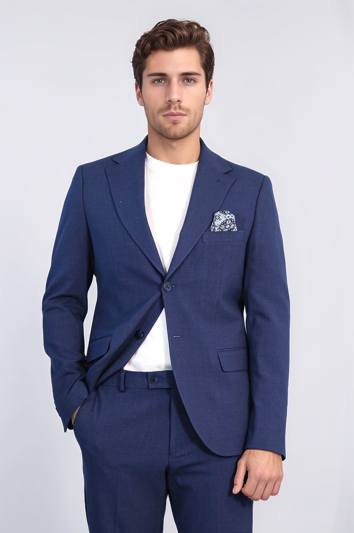 Navy Blue Slim Fit Two-Button Linen Men’s Suit - Wessi