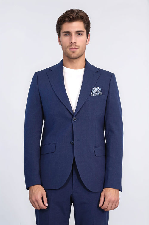 Navy Blue Slim Fit Two-Button Linen Men’s Suit - Wessi